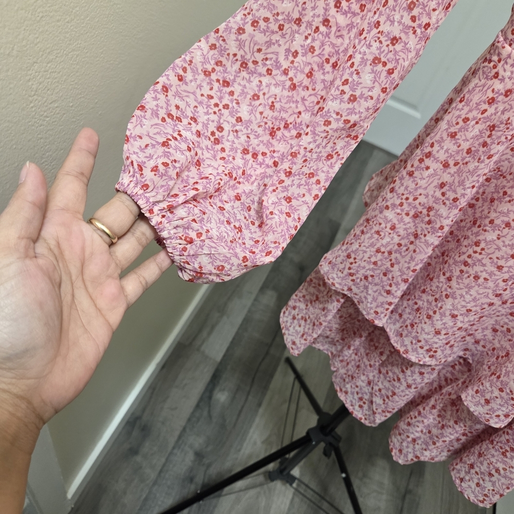 Japna Pink Floral Mini Dress Long Sleeve Ruffle Tiered Boho Cottagecore Romantic - Picture 4 of 7